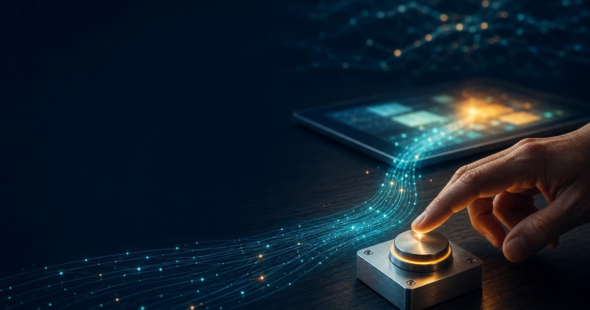 A human hand hovers over an approval switch as flowing data passes through it toward a tablet.