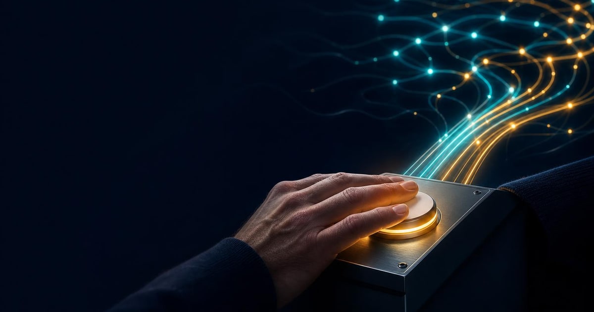 A human hand controls a glowing switch while organised light trails flow through a dark data landscape.