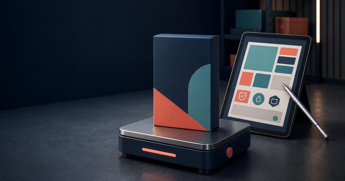 An unbranded retail product package sits beside a tablet showing a clean, structured product-information layout being checked with a metal stylus.