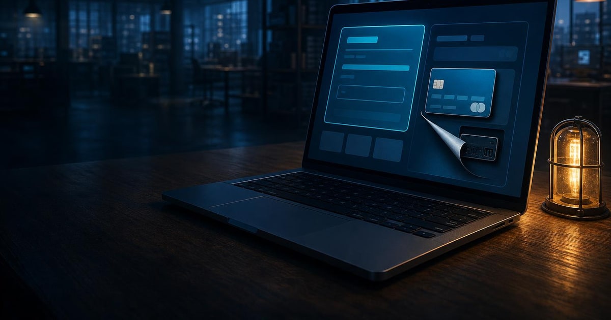 An open laptop displays a checkout interface with a concealed dark layer beneath the payment area.