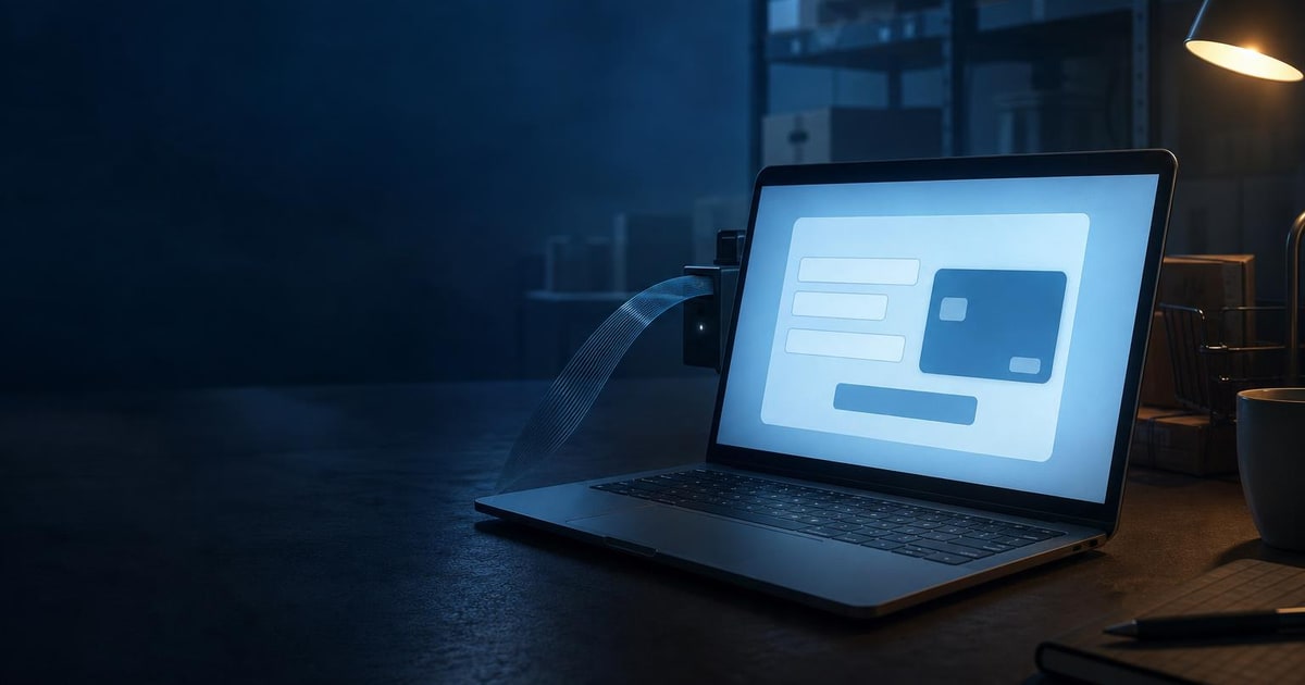 An open laptop displays a wordless payment screen while a hidden receiver draws a thin dark layer from the checkout.