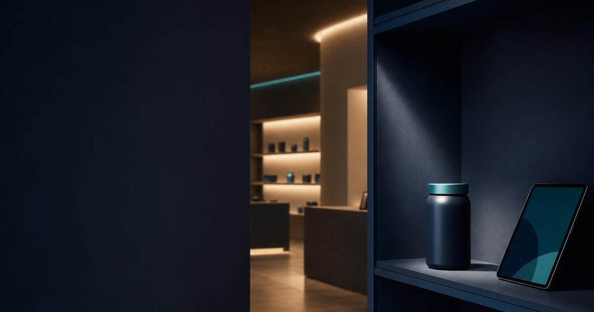 A single retail shelf and unbranded tablet sit in a clean, sunlit shop interior.