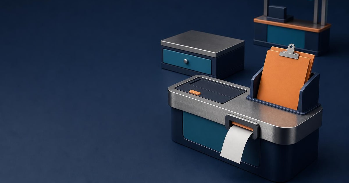 A marketplace checkout counter shows a blank contract folder held on the seller’s side beside a customer invoice.