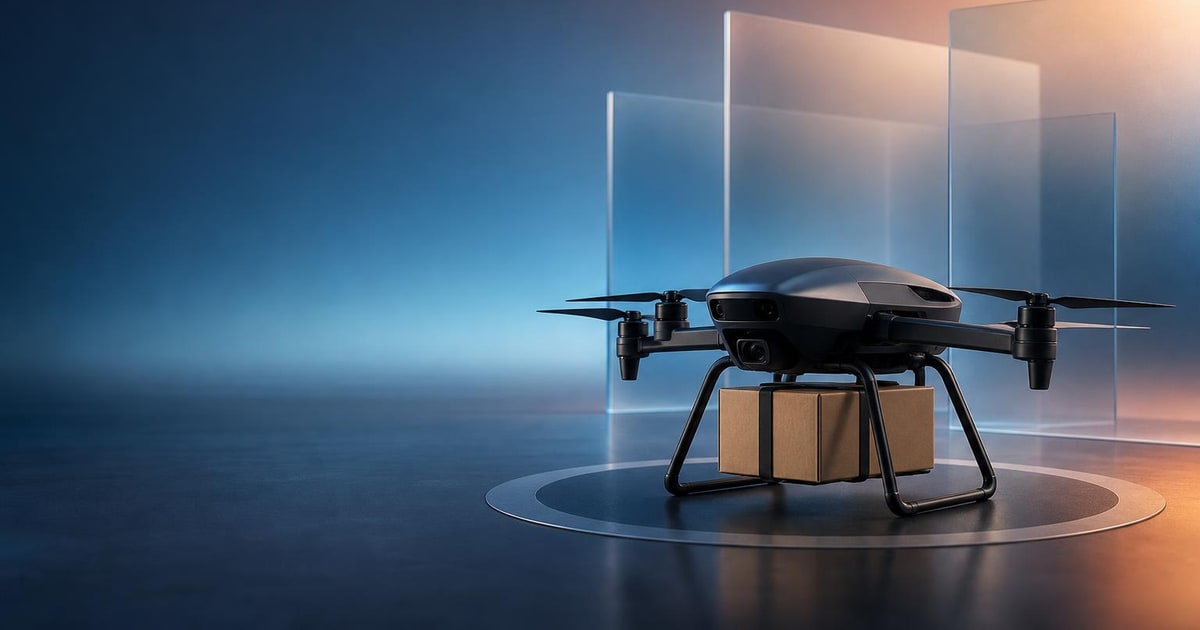 A grounded delivery drone rests beside a plain ecommerce parcel on a landing pad.
