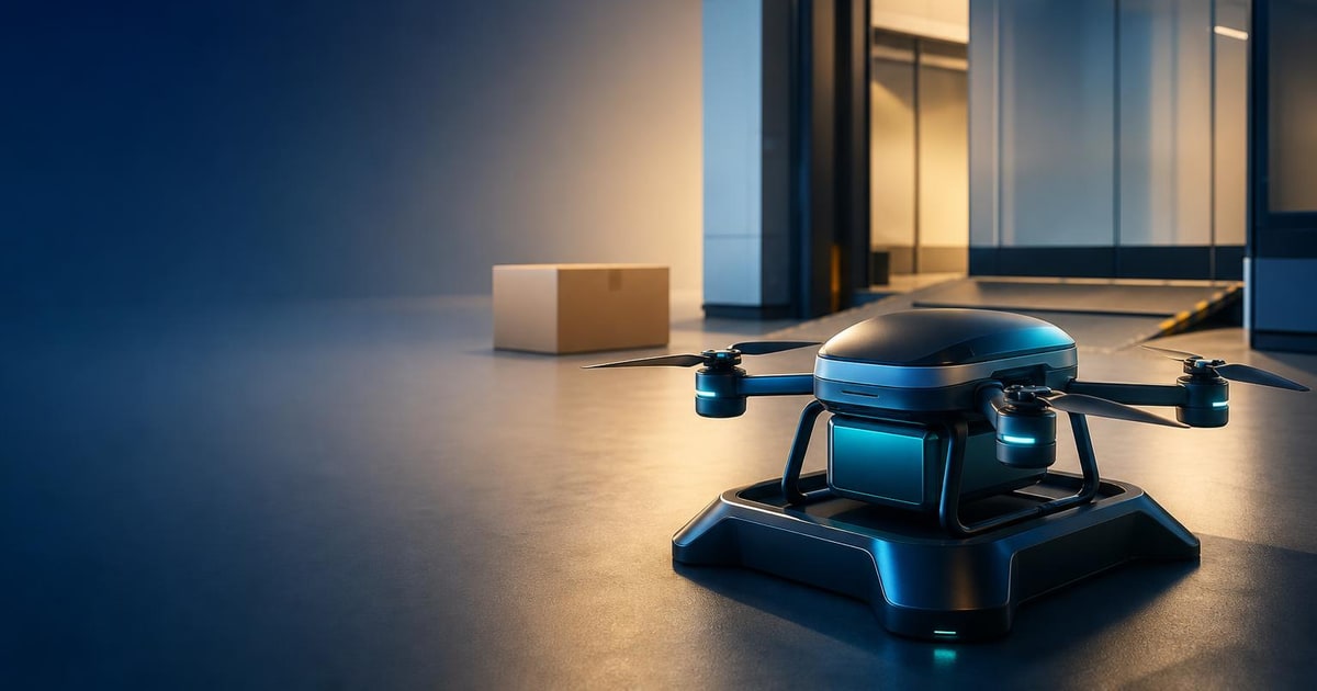 A delivery drone rests on a landing cradle in a fulfilment bay beside a sealed parcel.
