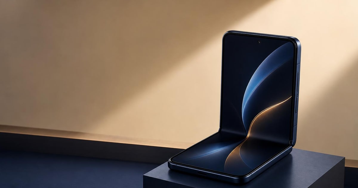 A foldable smartphone stands half-open and untouched on a retail display plinth.