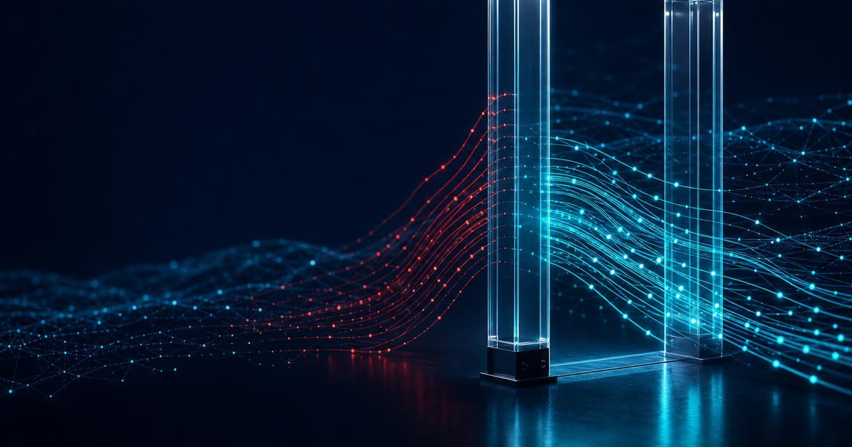 A transparent security gateway filters bright data streams in a dark digital landscape.