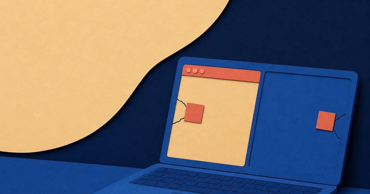 A laptop displays two software panels while paper patches cover cracks across its screen.