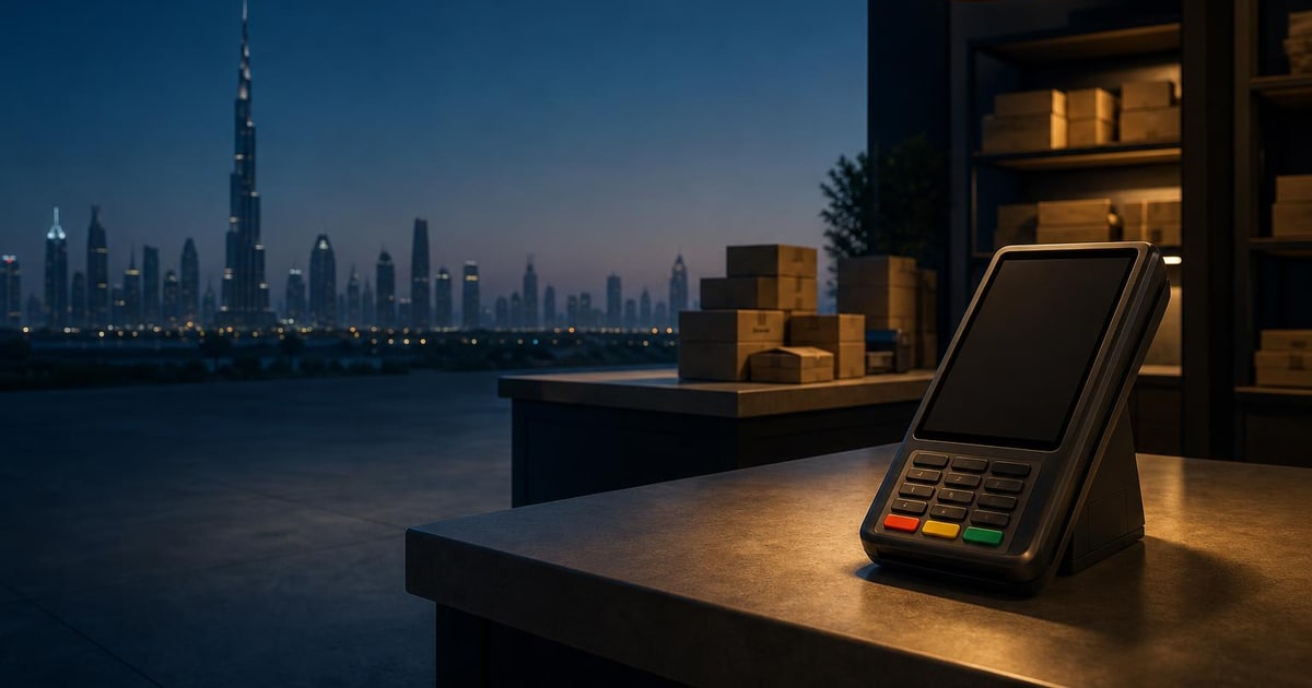 A payment terminal sits on a warmly lit marketplace service counter with parcels and a hazy city backdrop.