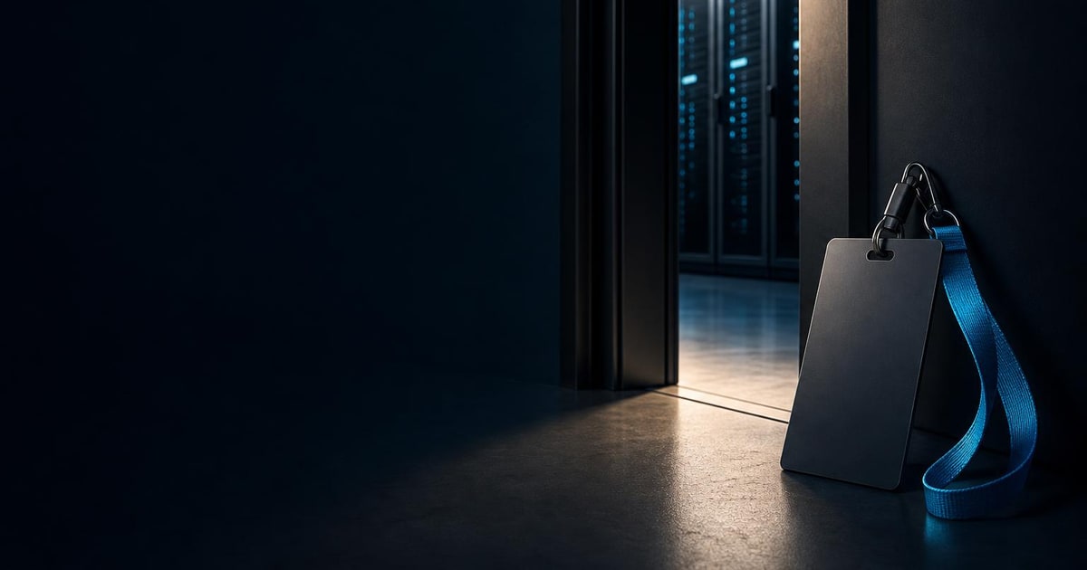 An unbranded access badge rests beside an open secure server-room door with server cabinets visible beyond.