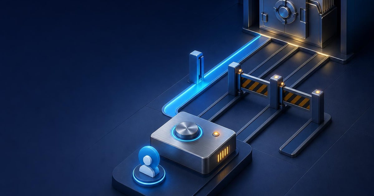 A small AI-agent token approaches a file vault through three access rails, with one open gate and two blocked gates.