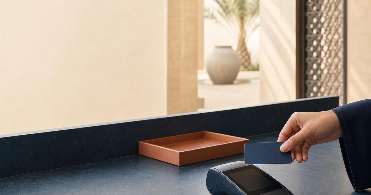 A hand pauses a plain payment card above a card terminal on a clean business counter.