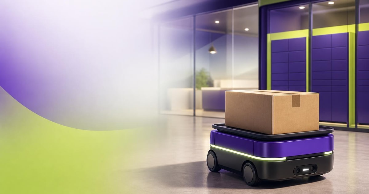 A parcel-handling robot carries one cardboard package through a compact neighbourhood delivery hub.