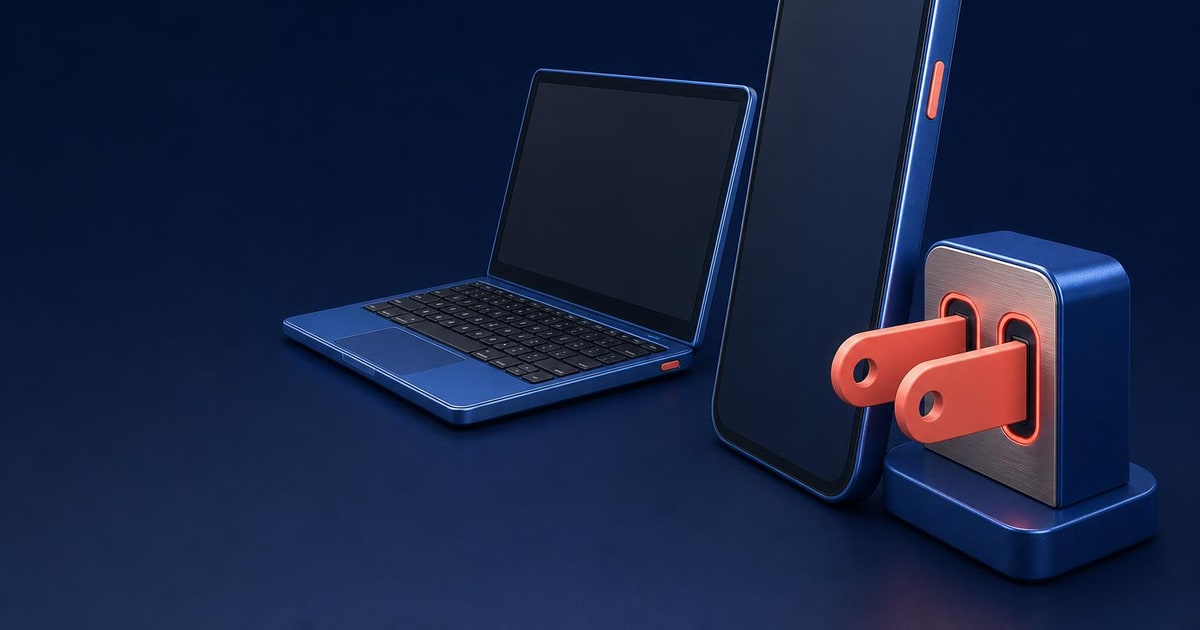 A smartphone and laptop are paired through a small sign-in checkpoint for development testing.