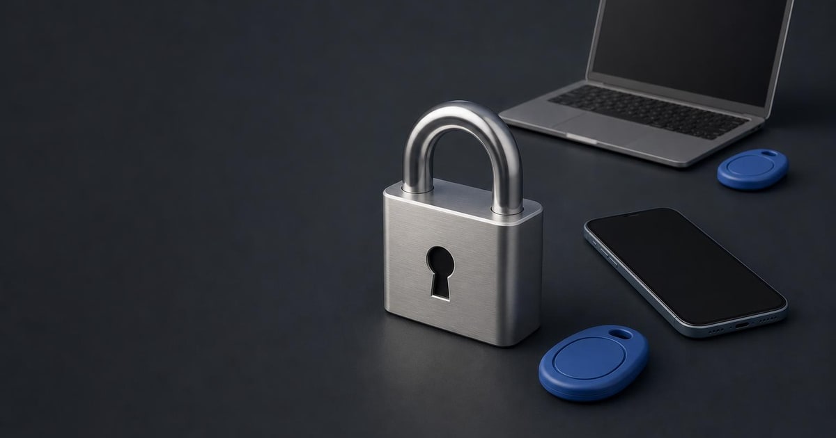 A padlock links a smartphone and laptop through two matching access tokens.