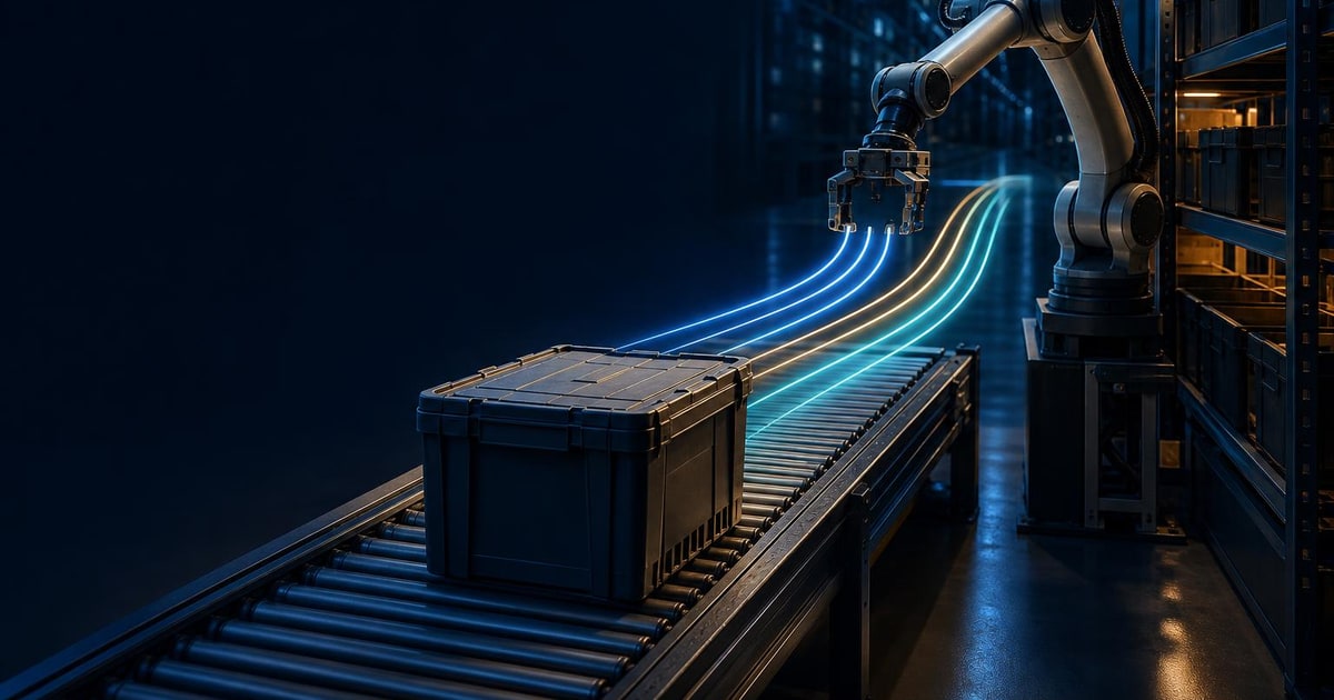 A warehouse tote travels along a conveyor toward a robotic picking arm, with four bands of light suggesting successive AI stages.