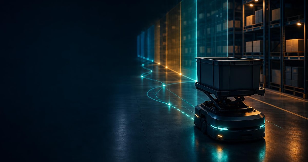 A single autonomous warehouse robot carries a plain storage tote through a dark fulfilment aisle with subtle data trails around it.