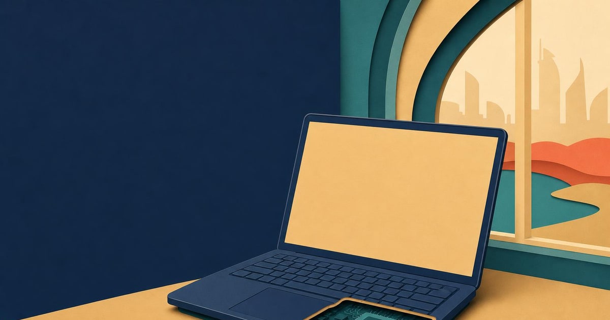 An open enterprise laptop is shown with its dedicated AI processor visible beneath the keyboard.