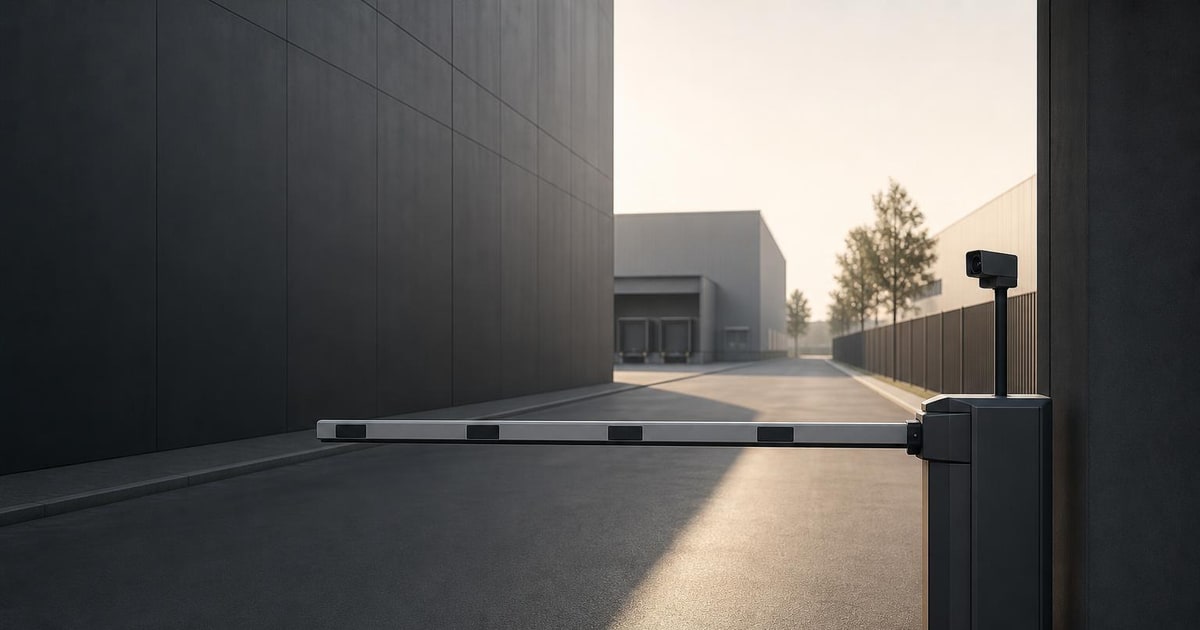 An automated barrier gate opens onto a quiet industrial yard under a shaft of light.