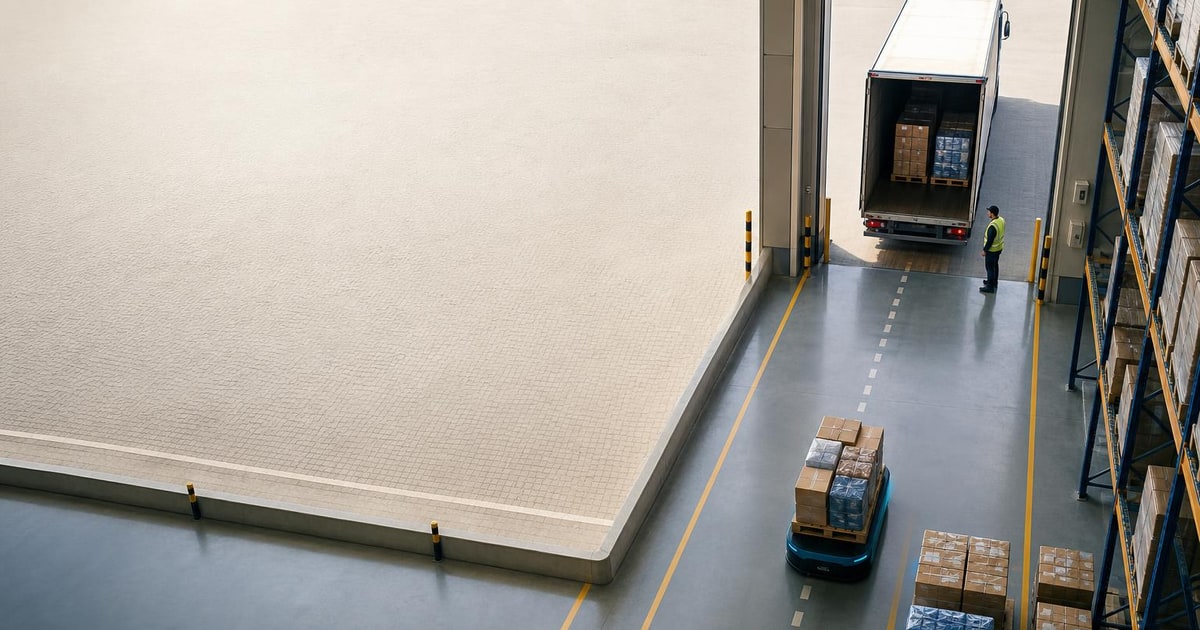 A robotic pallet mover carries a mixed pallet from warehouse lanes toward an outbound truck.