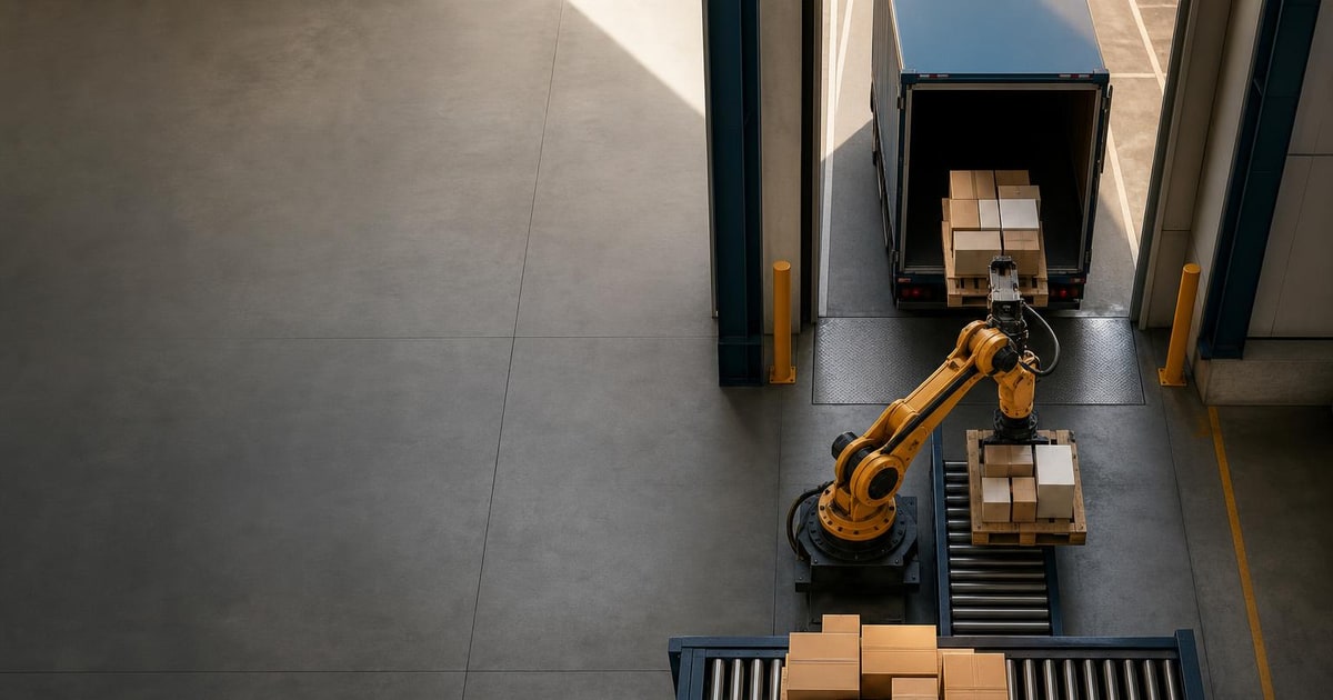 A robotic arm moves a mixed pallet from a warehouse conveyor toward an outbound truck.