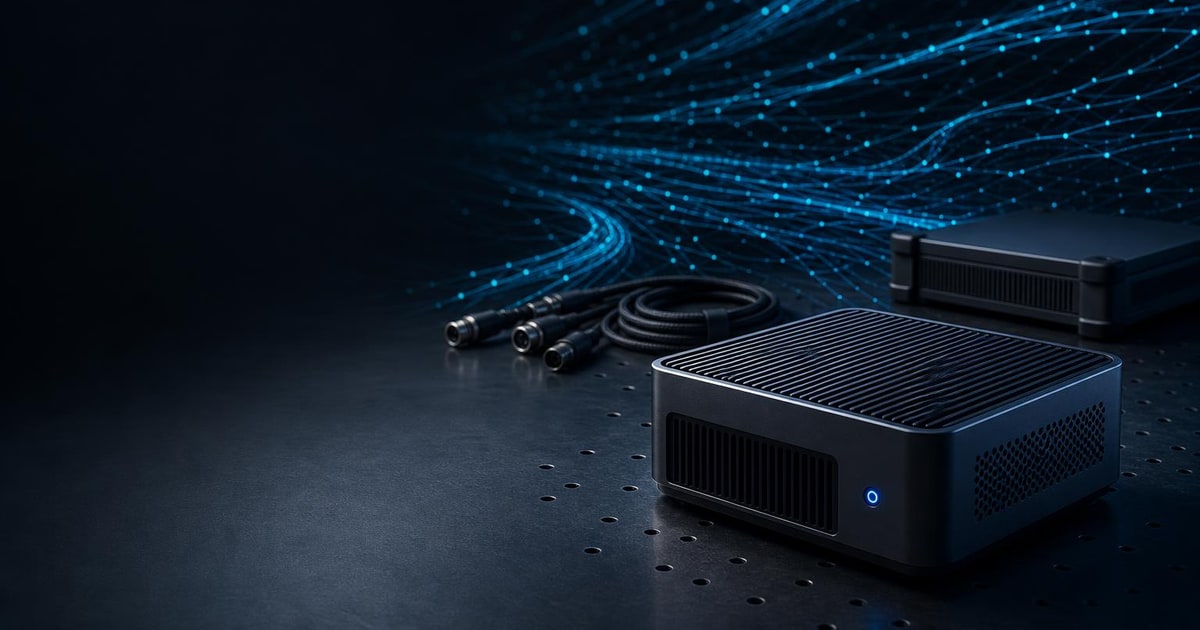A compact unbranded AI computer sits on a dark test bench with abstract data trails receding behind it.