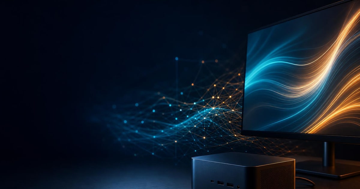 A compact unbranded computer sends abstract data streams toward a monitor on a dark desk.