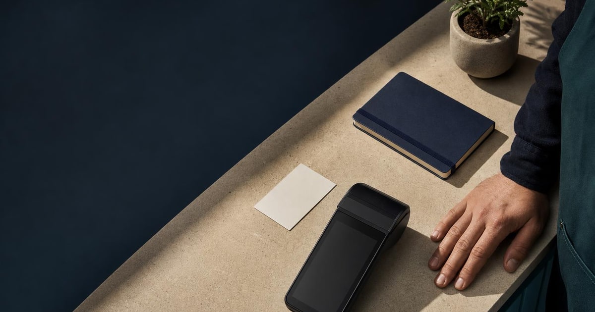 A merchant’s hand rests beside an unbranded POS terminal on a small-business checkout counter.
