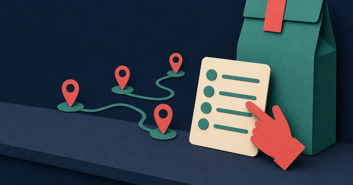 A paper-cut product listing and checklist sit before a route toward four GCC destinations.