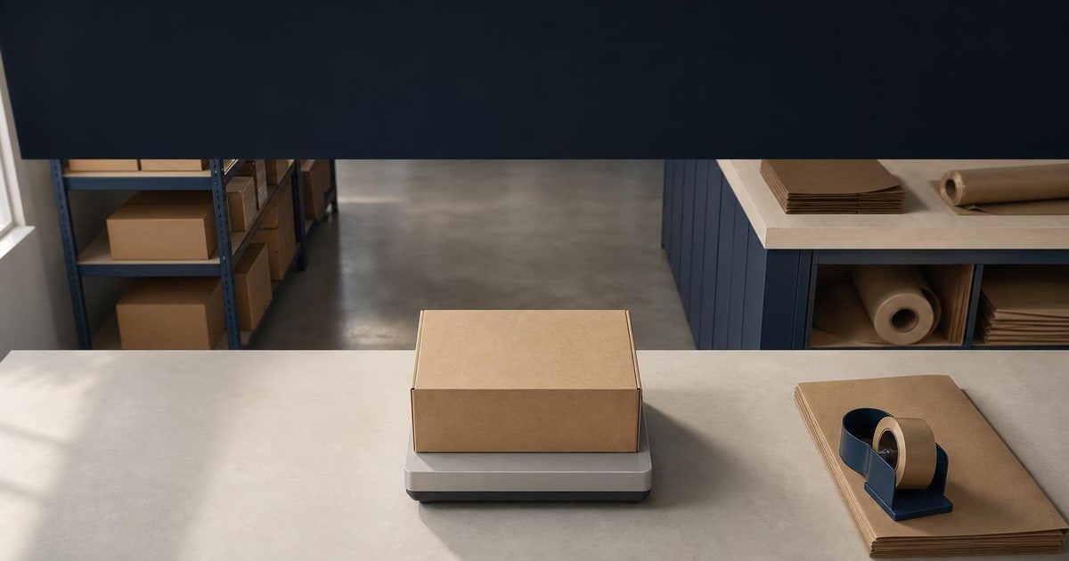 A plain ecommerce parcel sits on a weighing scale at a packing station, with two fulfilment routes leading toward storage and dispatch areas.