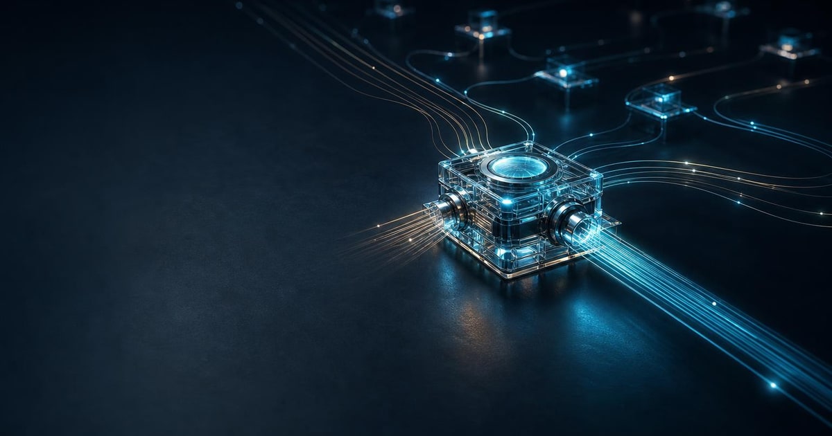 A bright central connector hub routes multiple flowing data lines into one orderly stream across a dark blue landscape.