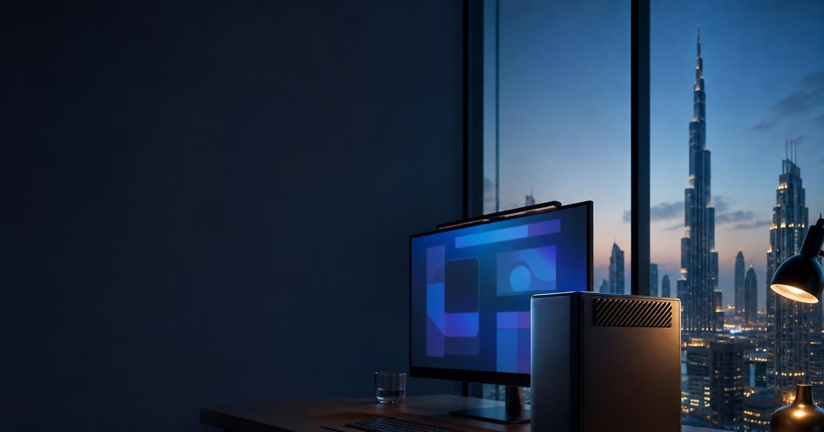 A compact desktop PC sits on a developer workstation beside a monitor in a softly lit UAE office at blue hour.