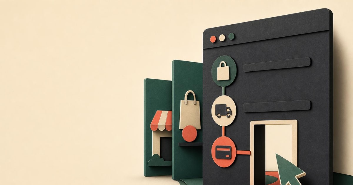 A layered checkout screen has an open path leading toward a simple browser-agent cursor.