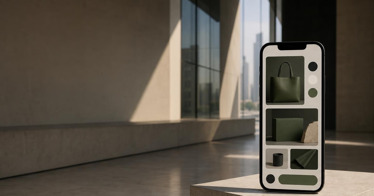 A smartphone displaying a text-free shopping interface stands on a stone plinth in a sunlit modern office.