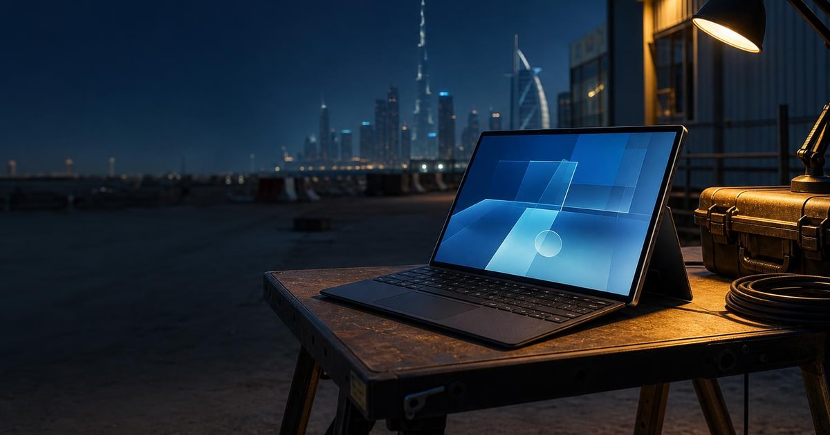 A 2-in-1 business tablet is open on a mobile workbench at a UAE site at blue hour.