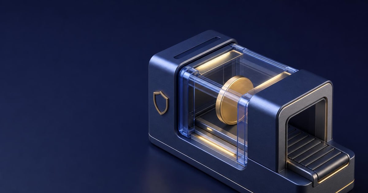 A coin-like token passes through a secure payment gateway with a visible control checkpoint.