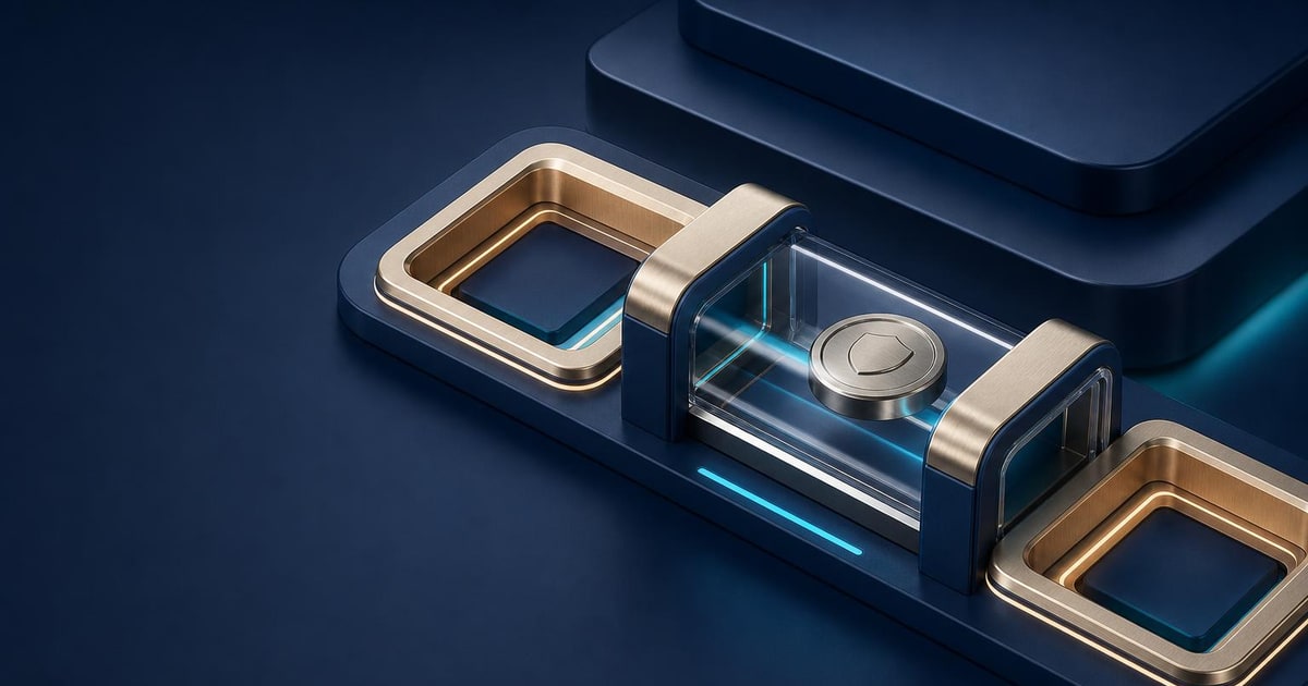 A sealed metallic token passes through a secure settlement console between two payment docks.