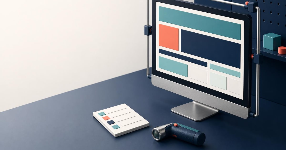 An abstract website is displayed on a desktop monitor inside a sparse testing setup.