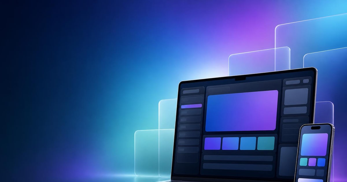 A MacBook with an abstract build interface sits beside an iPhone showing a finished app screen.
