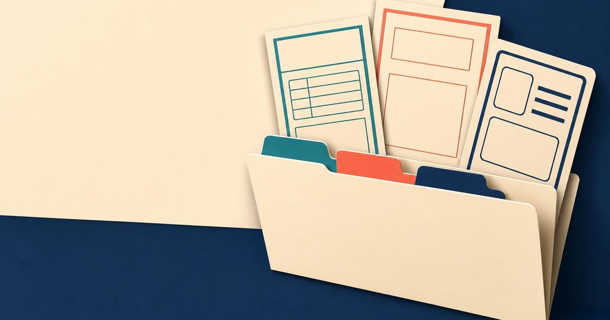 A blank seller tax-data folder receives three aligned documents representing VAT, trade licence and identity records.