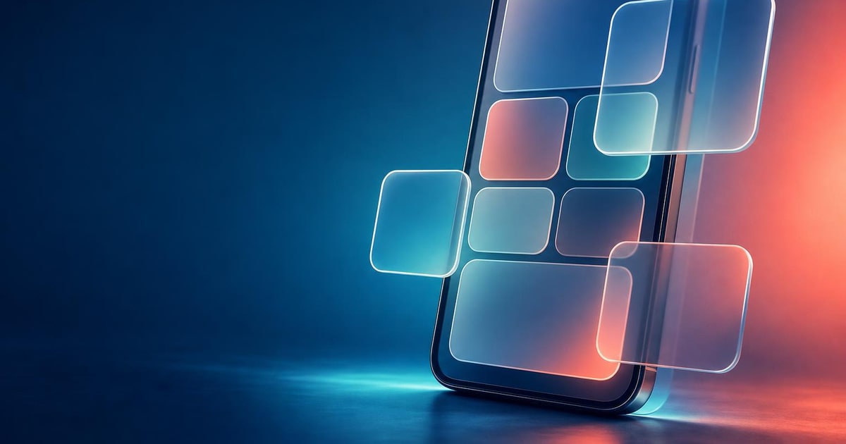 A smartphone is shown with translucent modular interface panels settling into place on its screen.