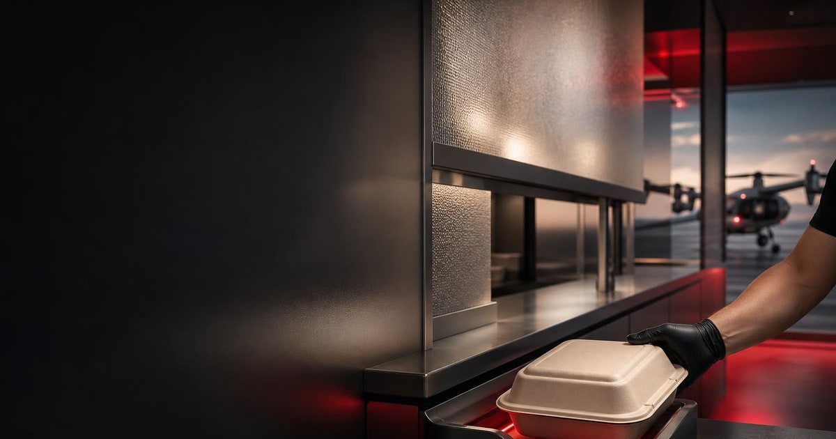 A sealed restaurant order is being placed into a loading cradle beside a restaurant pass counter.