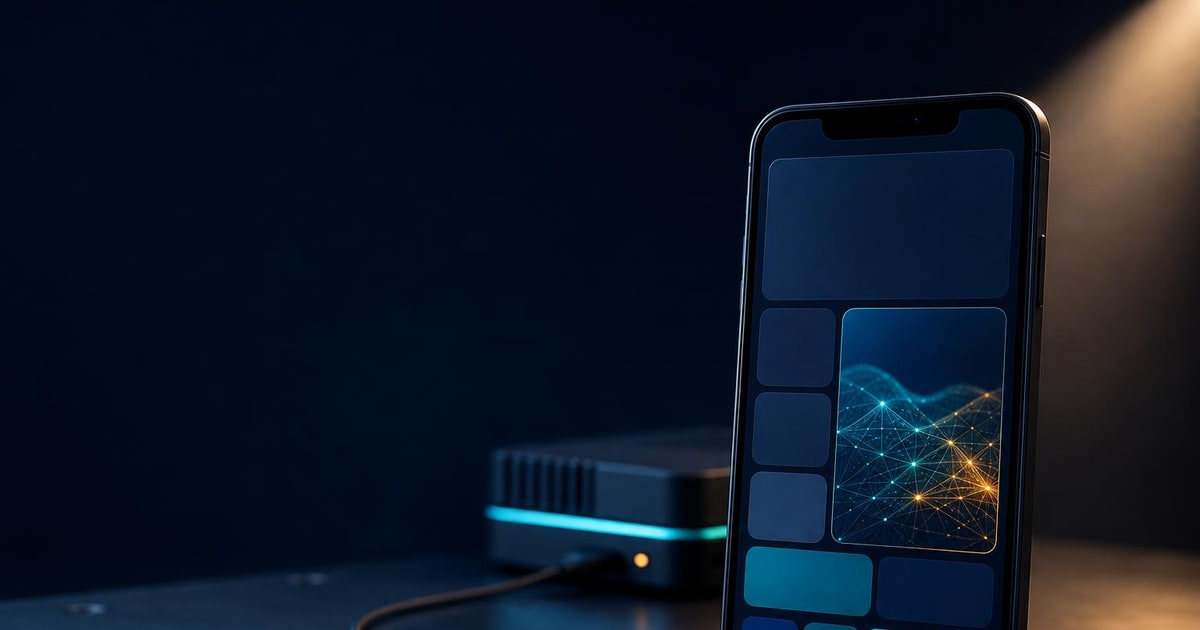A smartphone showing a simple AI app interface is connected by cable to a blurred backend device on an aluminium workbench.