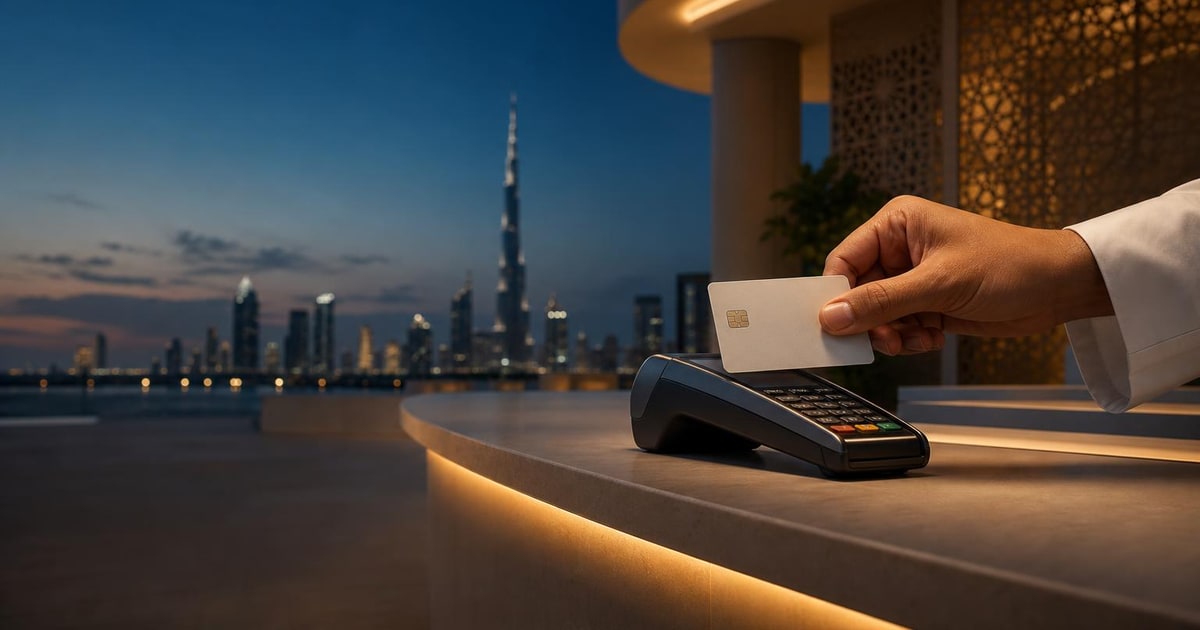 A merchant presents a plain bank card to a payment terminal at a softly lit government service counter.