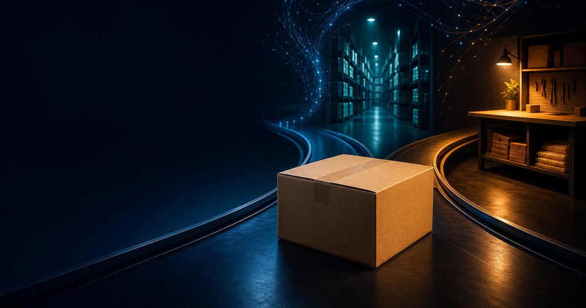 A single ecommerce parcel sits between a warehouse fulfilment route and a seller dispatch station.