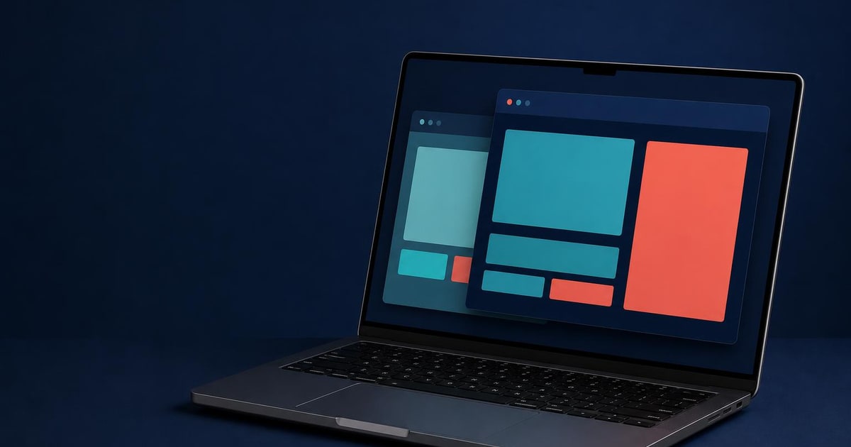 A laptop shows a clean web layout shifting smoothly while modular panels remain neatly connected.