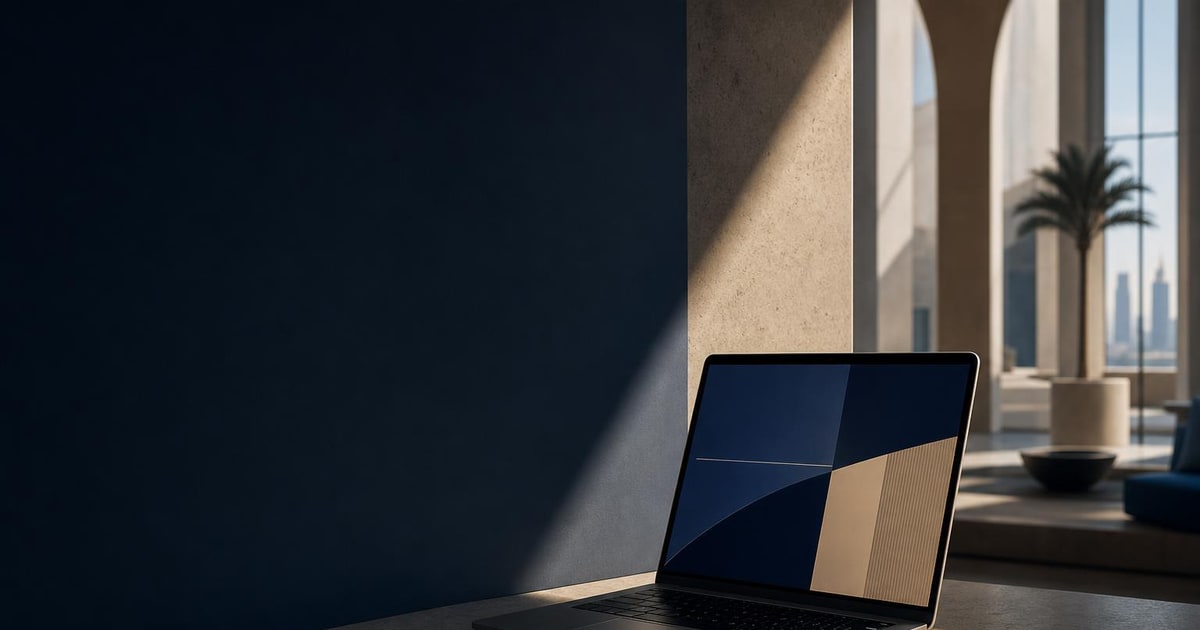 An open laptop sits alone on a stone desk in a sunlit modern UAE workspace.