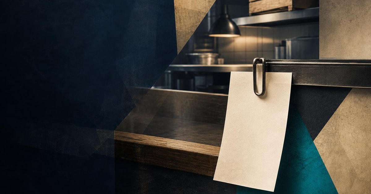 A blank restaurant order ticket runs from a service counter past the kitchen pass toward a stock crate.
